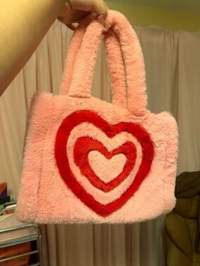 Pink Faux Fur Tote with Red Heart Detail